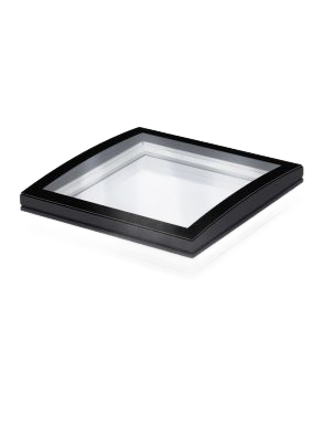 Square black skylight with glass panel.