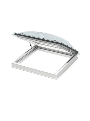 Open, square skylight with arched, clear dome and white frame.