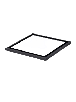 Black, rectangular picture frame, empty white space in center, slightly angled.