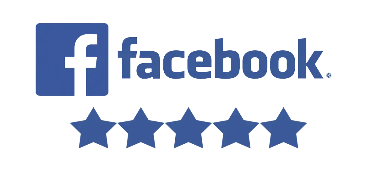 Facebook logo with five blue stars.