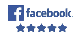 Facebook logo with five blue stars.