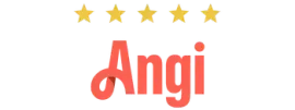 Angi logo with five gold stars above and the name in red.