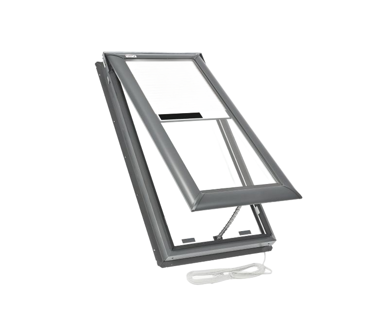 Gray skylight window, open, with a pull cord.