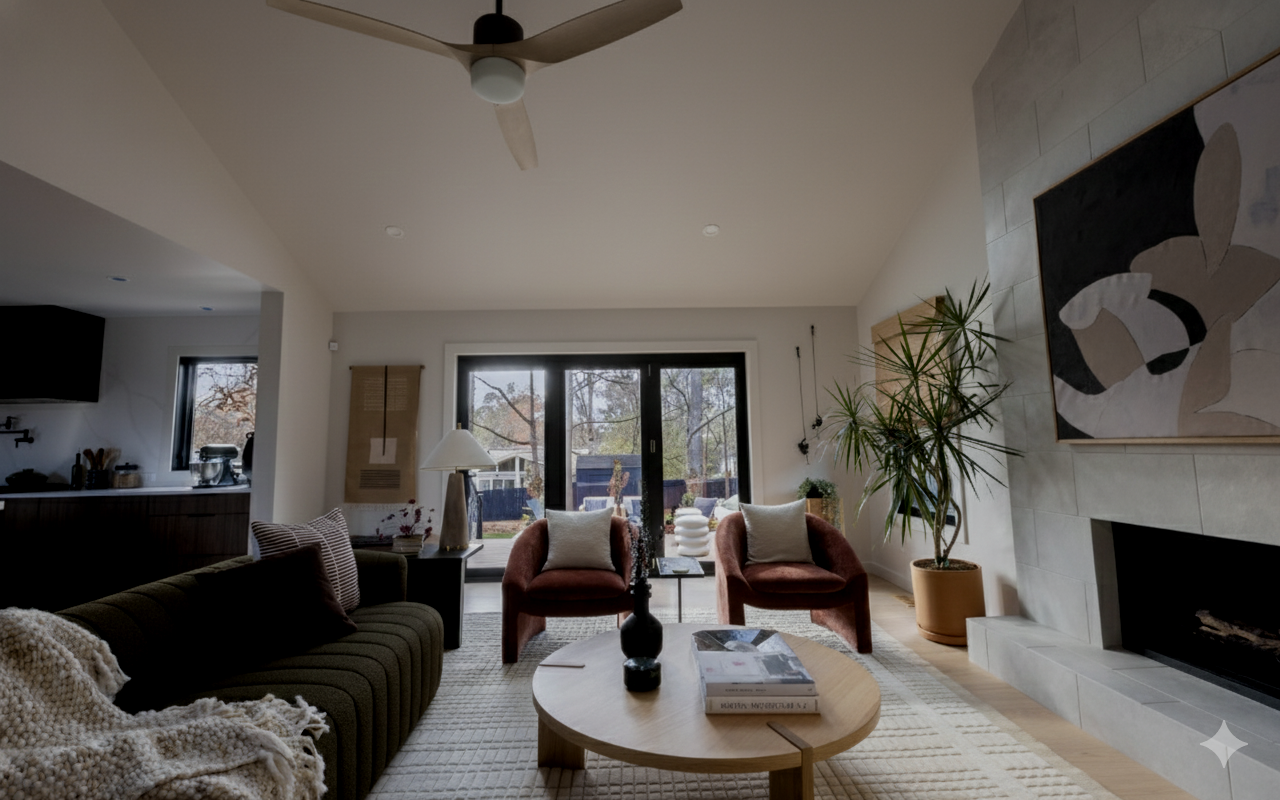 Modern living room with fireplace, velvet chairs, round coffee table, and large window leading to a patio.