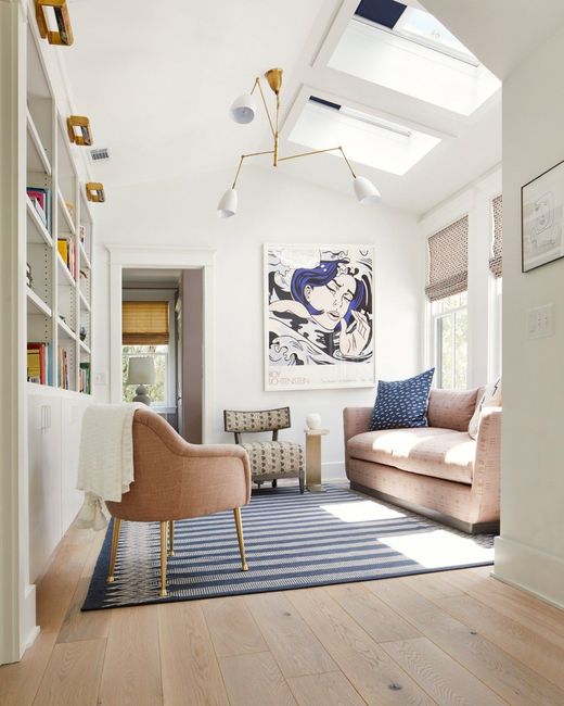 Cozy sunlit room with pink sofa, armchair, patterned rug, and art poster. White walls, skylights, and a bookshelf.