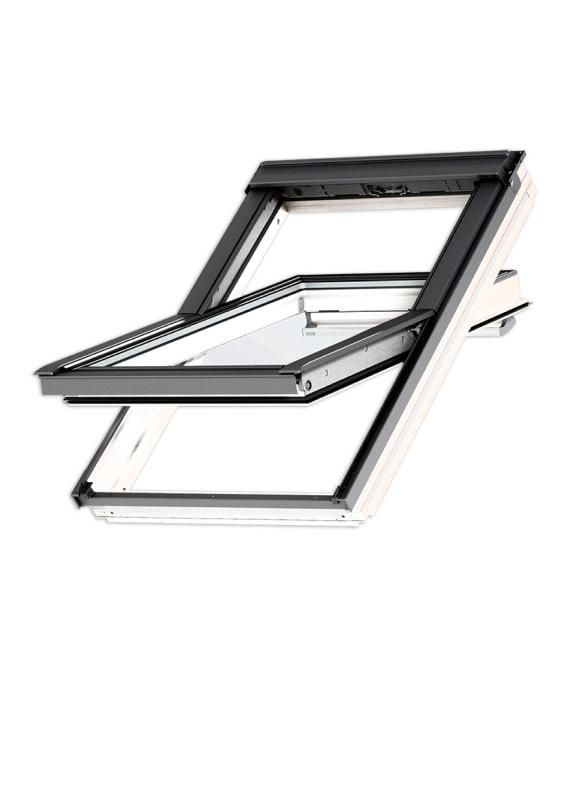 Open, black-framed skylight with glass pane and white frame, mounted on a roof.