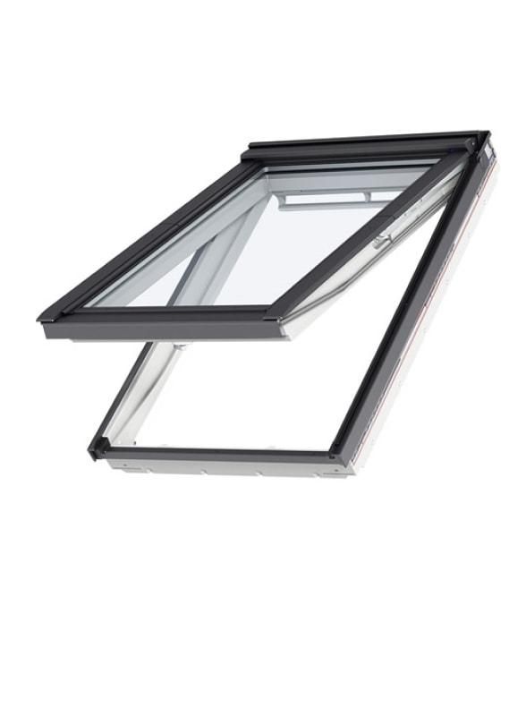 Open skylight with black frame, angled upwards, showing glass panel.