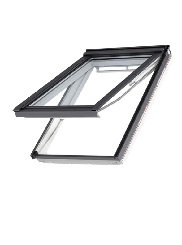 Open, black-framed skylight with clear glass, angled to let in light.