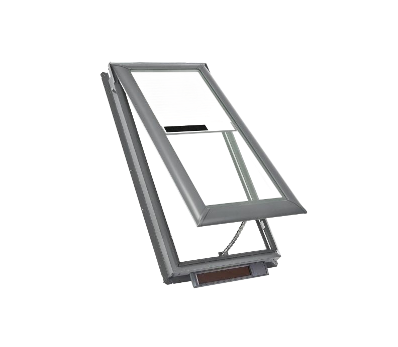 Angled, open skylight in a gray frame, showing the sky.