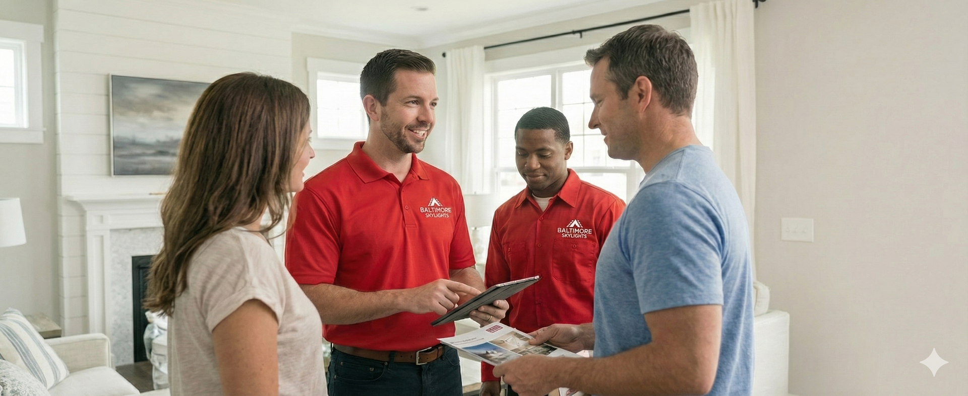 Two people in red shirts are consulting with a couple in a light-filled living room.