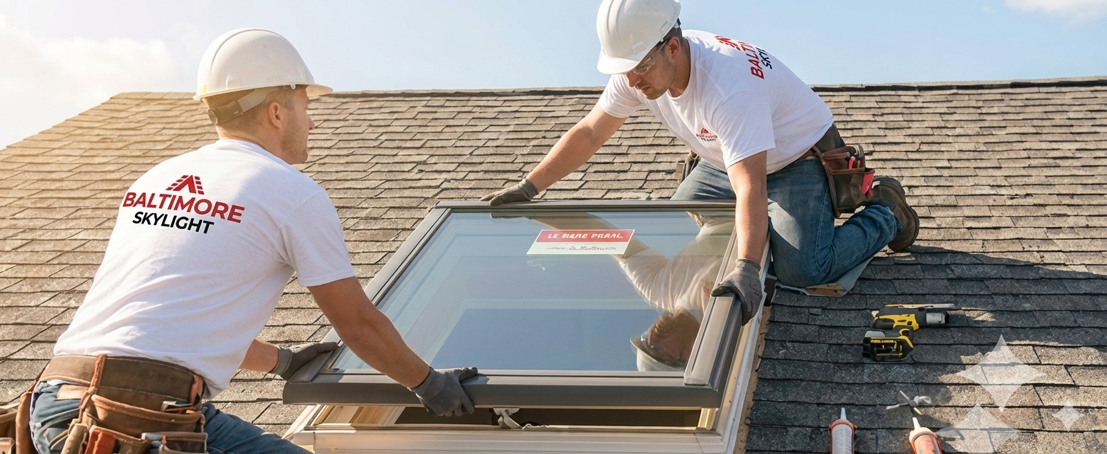 Two workers installing a skylight on a rooftop. They wear hard hats and work shirts with the company logo.