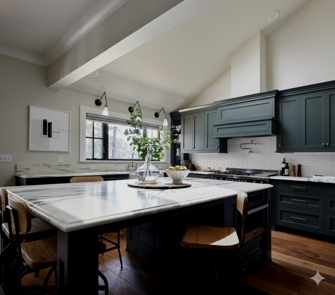 Modern kitchen with dark green cabinets, white countertops, and a large island with seating.