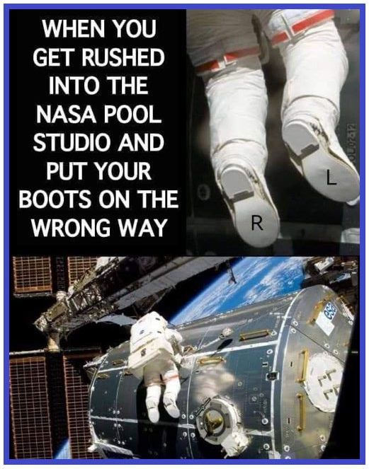 Boots on the wrong feet of an astronaut.