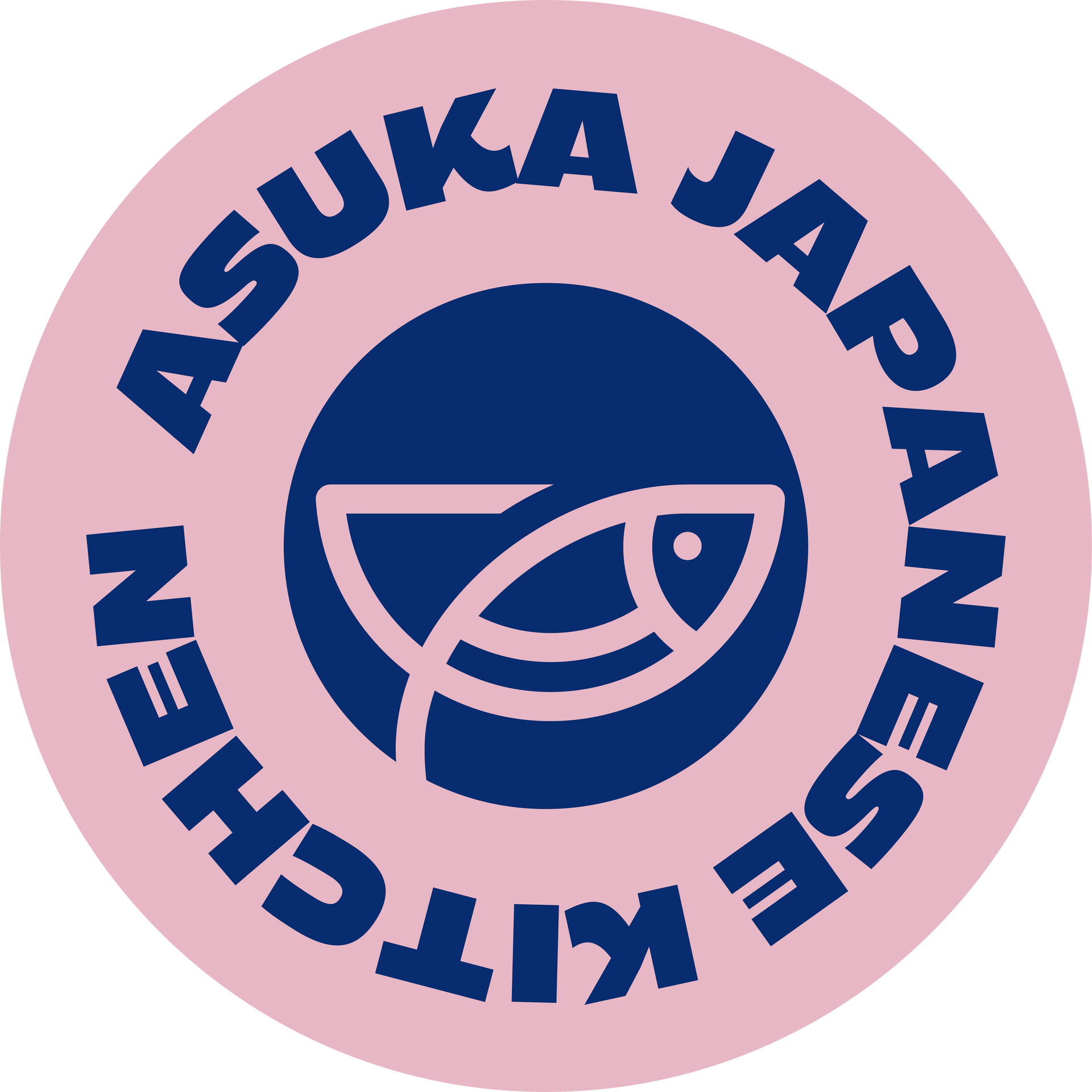 A logo for a japanese kitchen with a fish in a red circle.