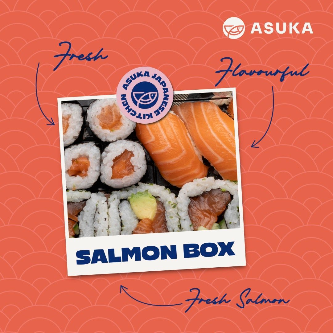 Salmon sushi box with fresh, flavorful salmon; includes rolls and nigiri.