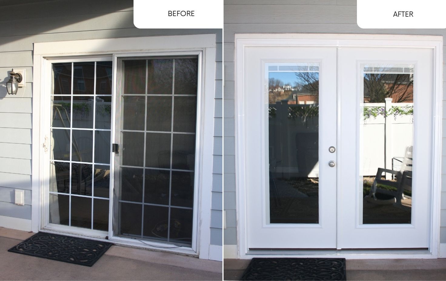 A before and after picture of a sliding glass door