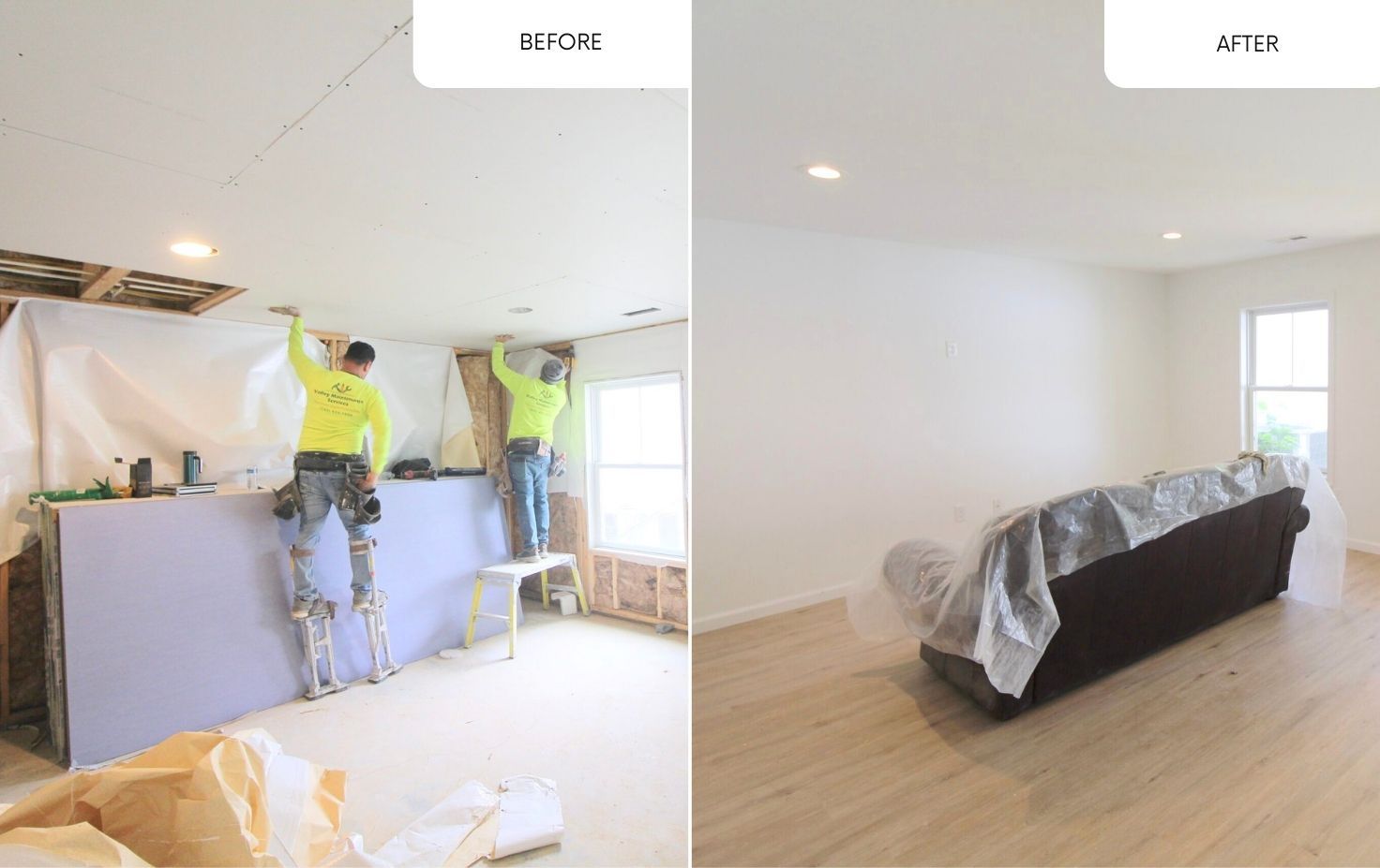 A before and after photo of a living room being remodeled.