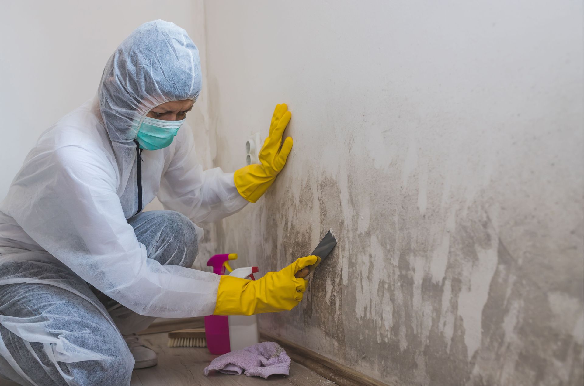 A person in a protective suit is cleaning a wall with a spatula.