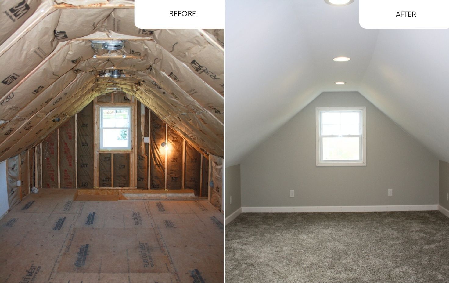 A before and after picture of an attic