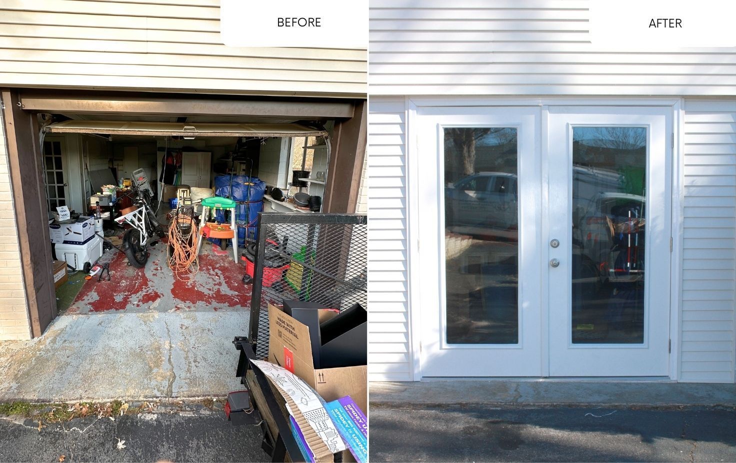 A before and after picture of a garage being remodeled.