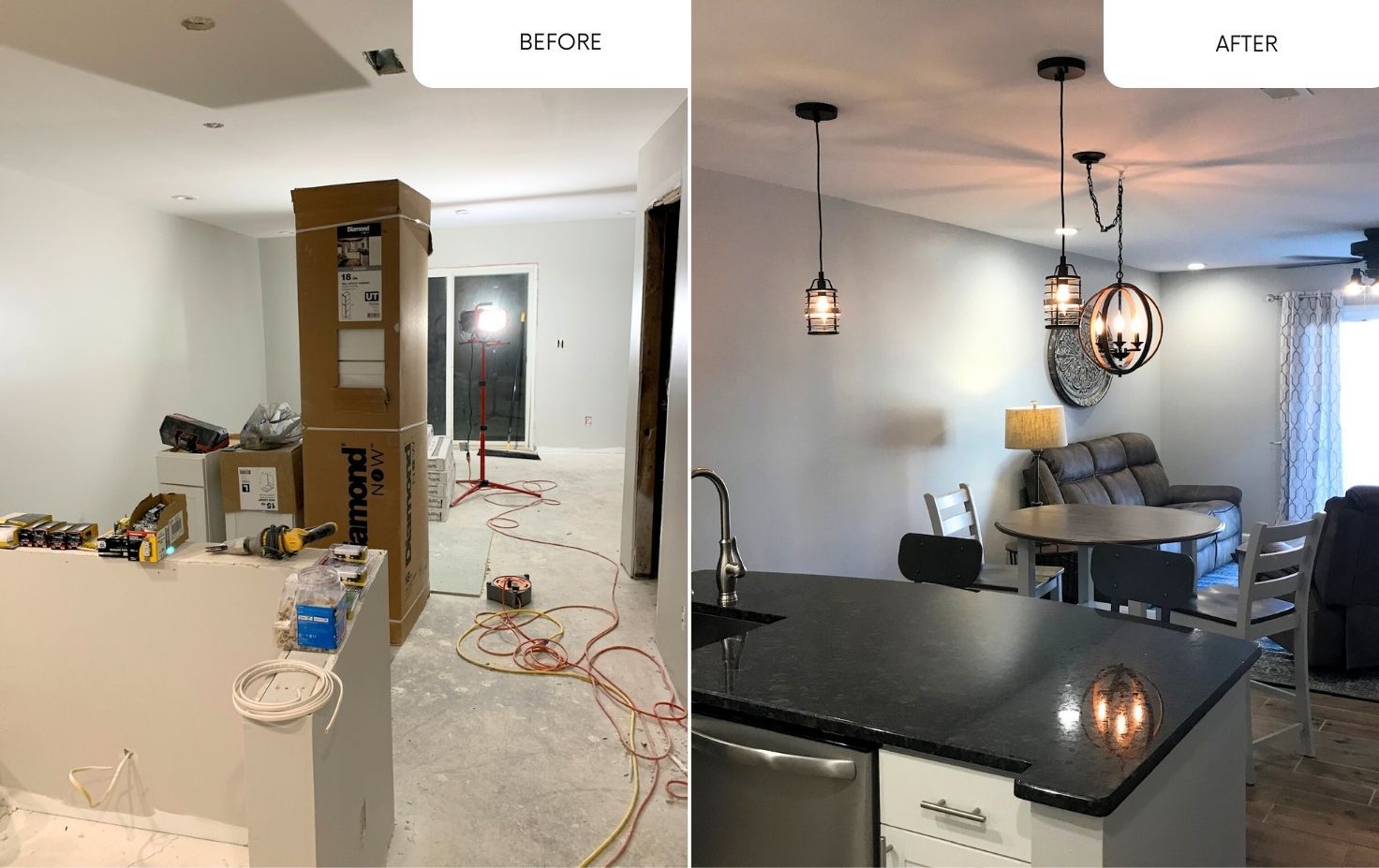 A before and after photo of a kitchen being remodeled.