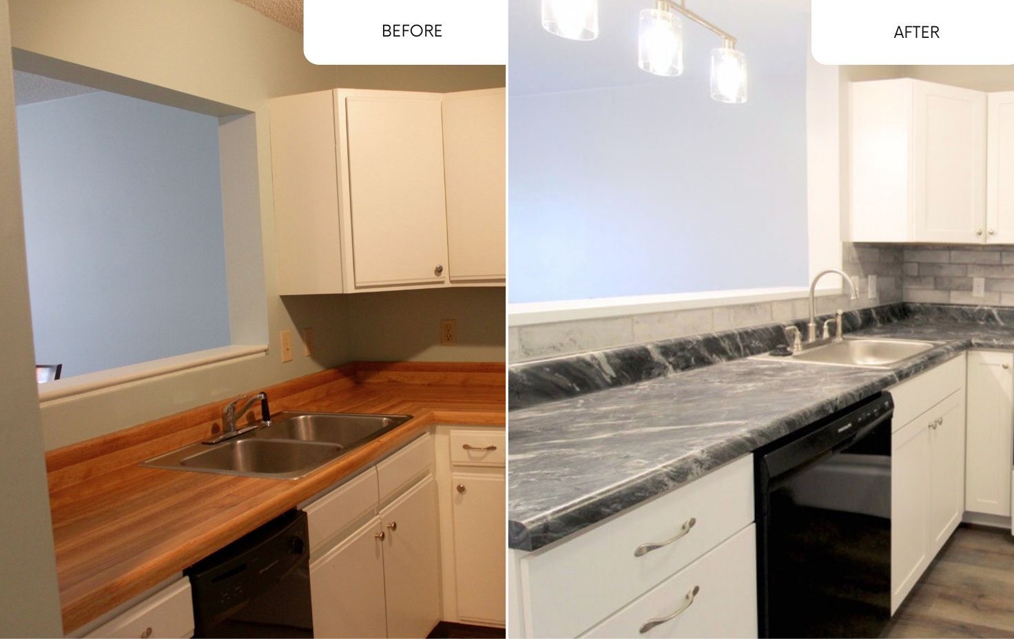 A before and after photo of a kitchen with wooden counter tops and white cabinets.