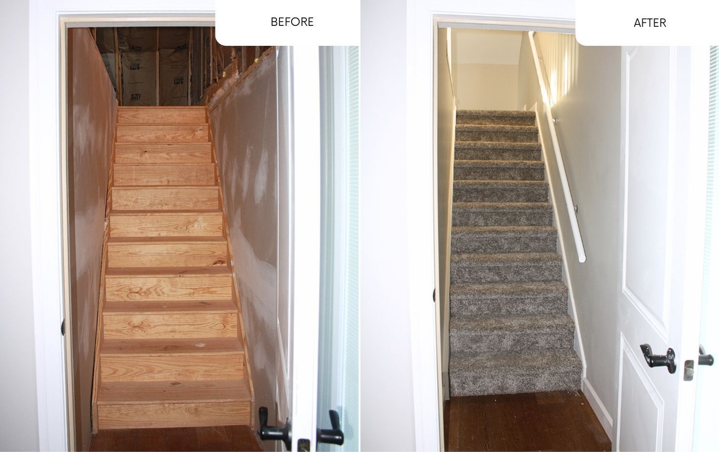 A before and after photo of a staircase in a house