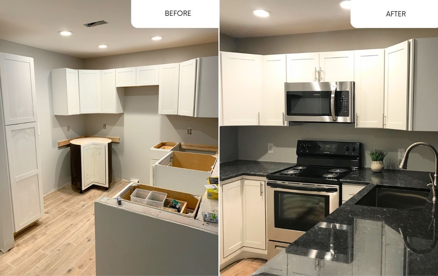 A before and after photo of a kitchen with white cabinets and stainless steel appliances.