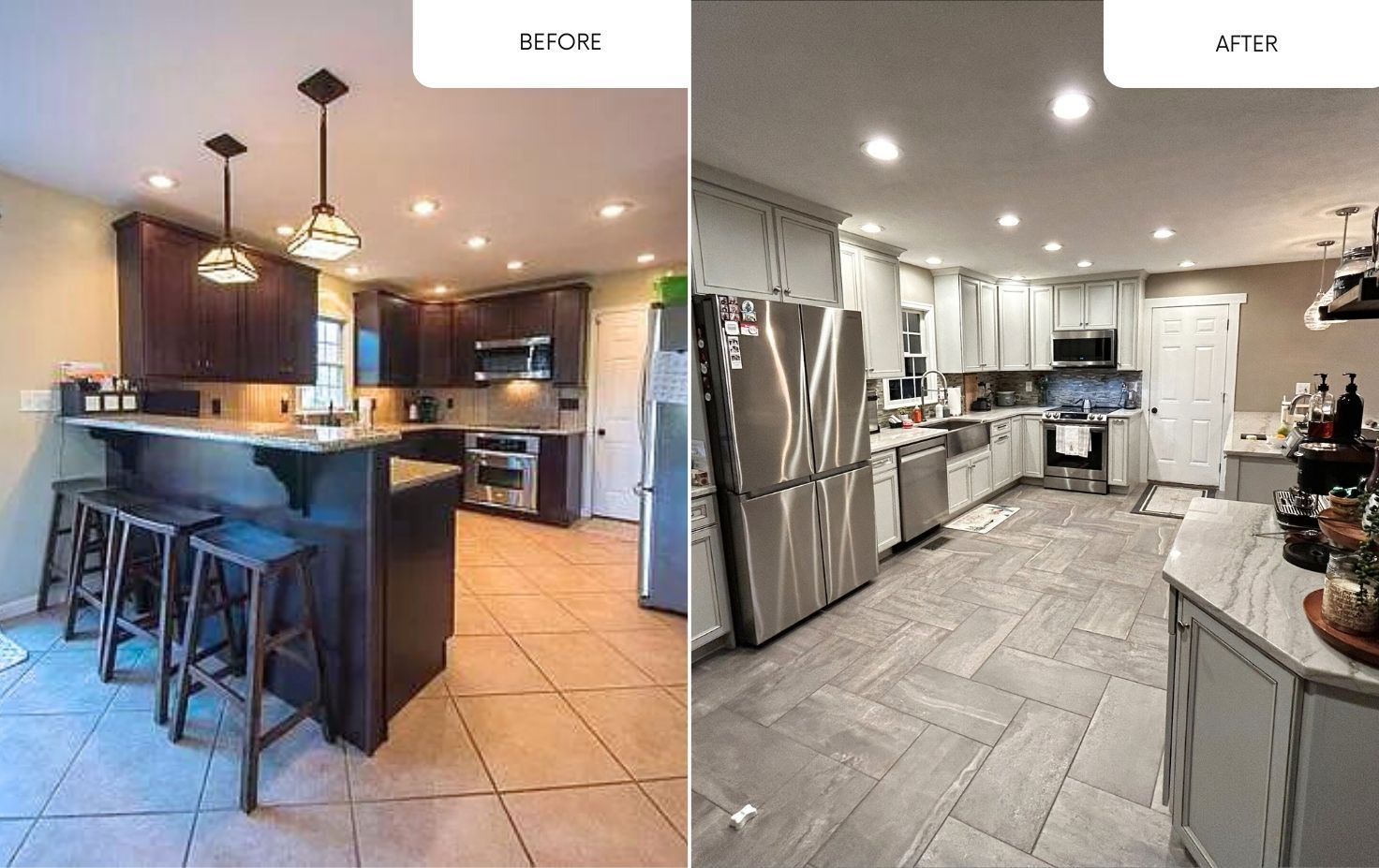 A before and after photo of a kitchen with stainless steel appliances.
