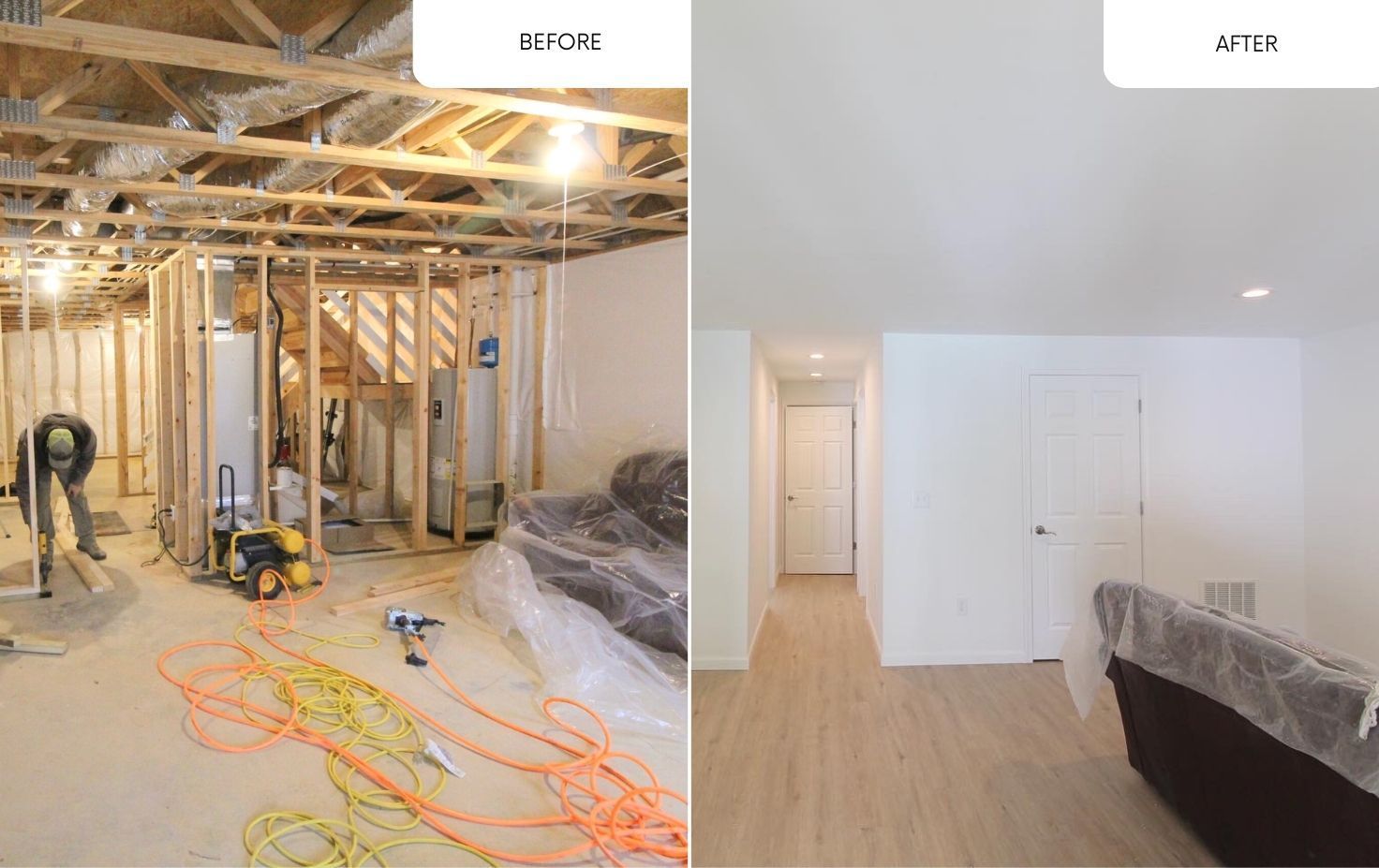 A before and after photo of a basement under construction.