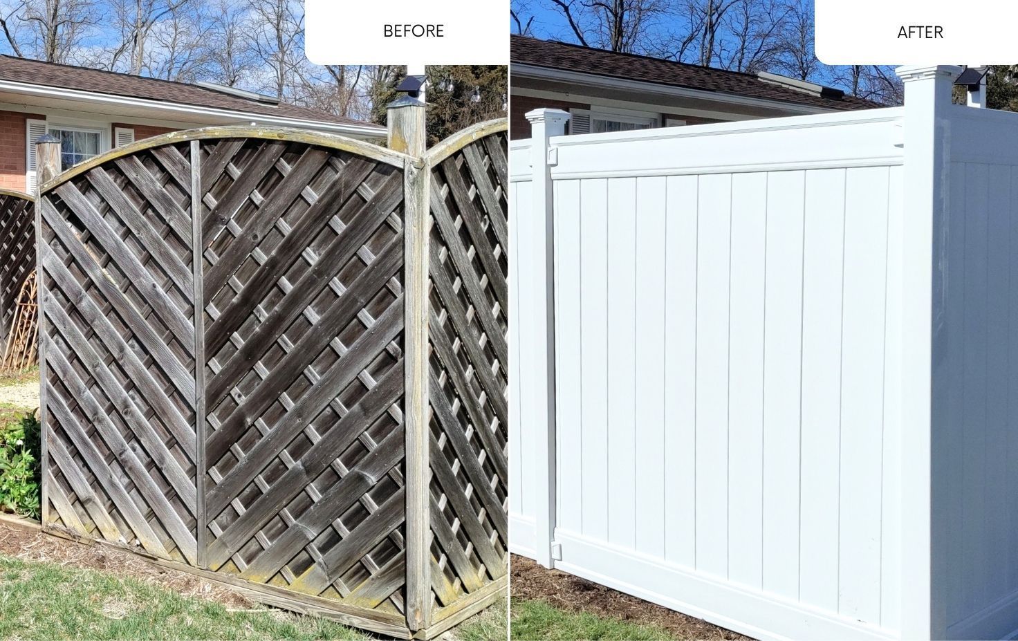 A before and after photo of a wooden fence and a white fence.
