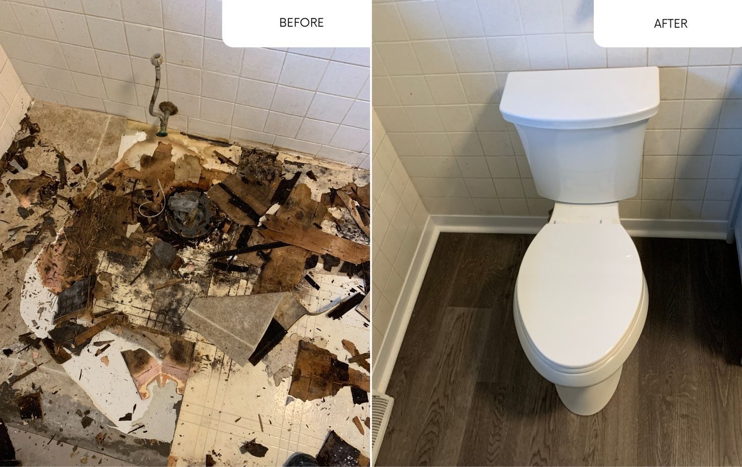 A before and after picture of a bathroom with a toilet.