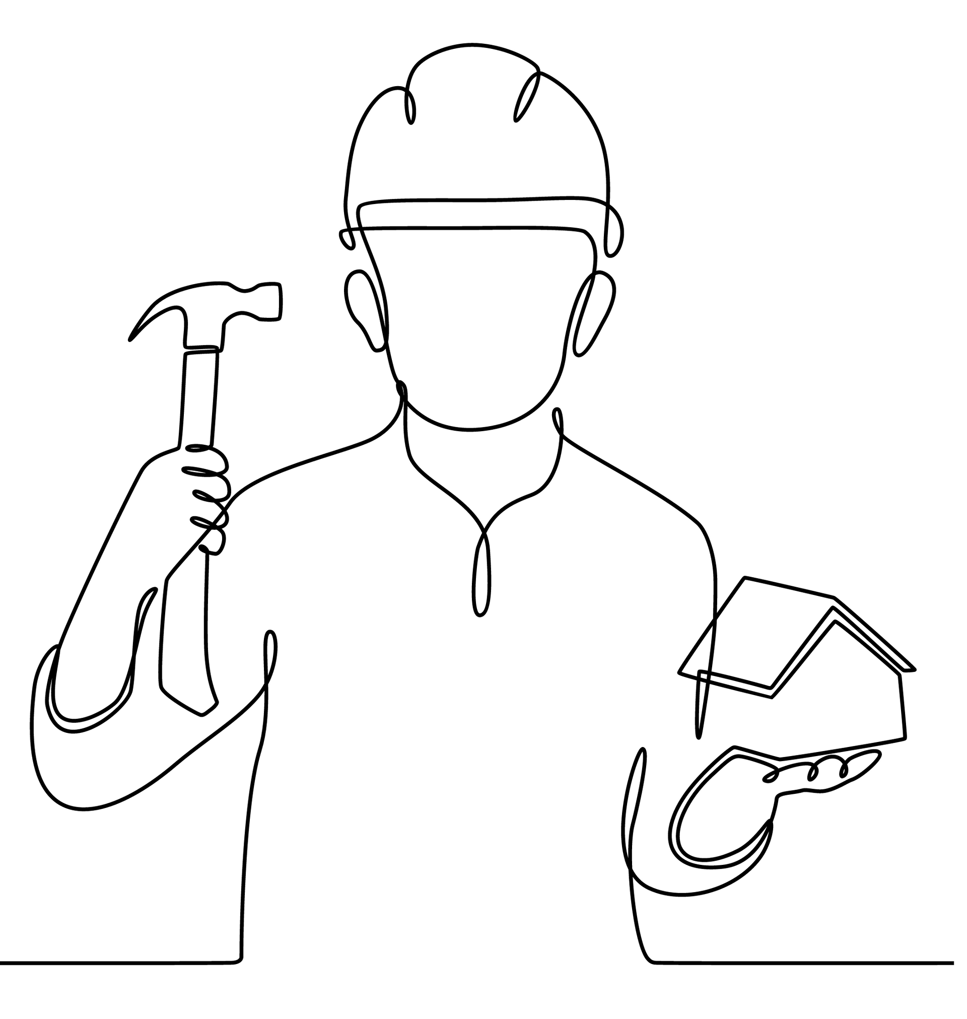 A continuous line drawing of a man holding a hammer and a house.