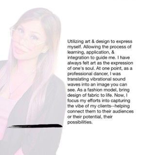 Woman with glasses and text describing her art and design focus.