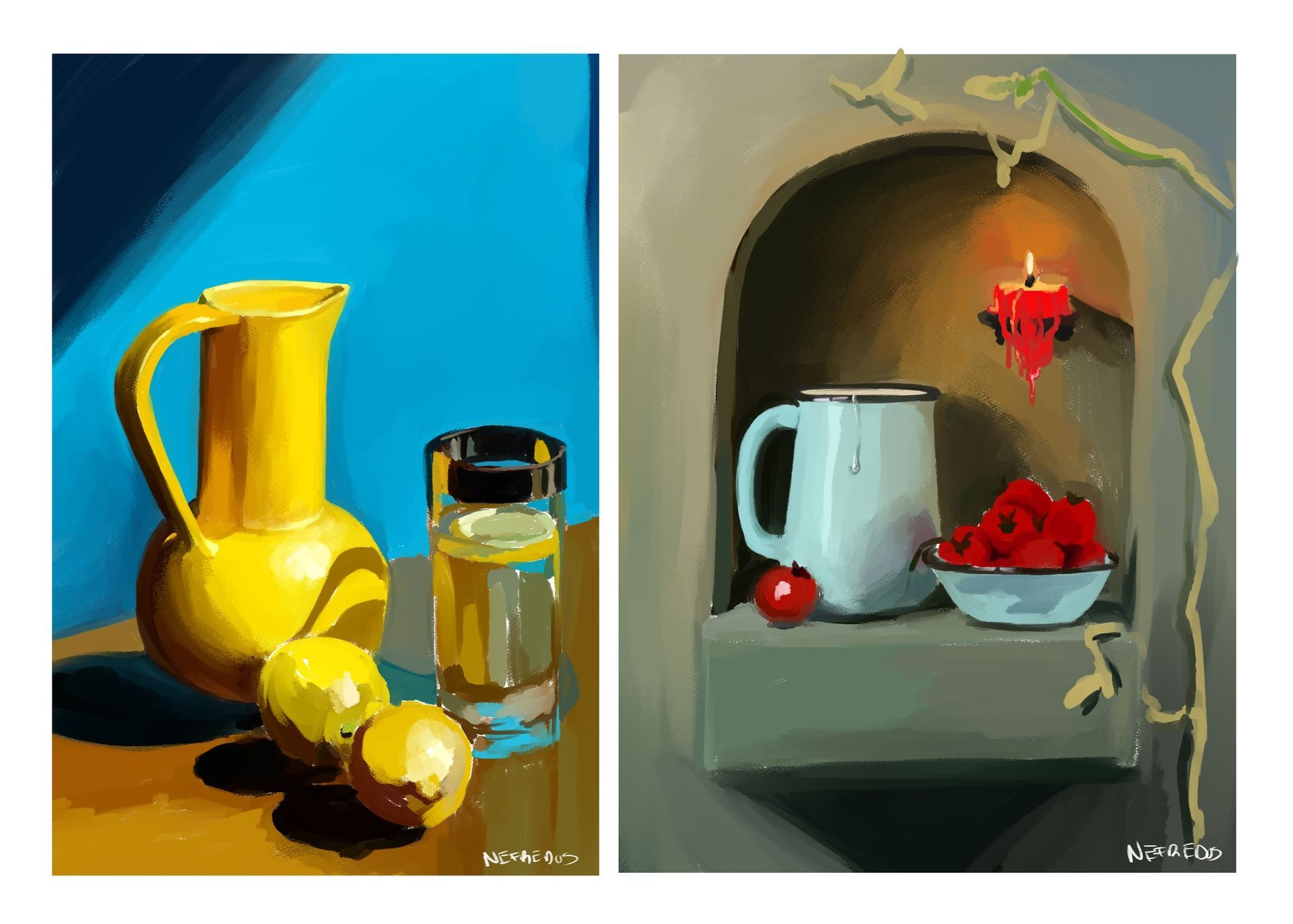 Dos cuadros de una jarra, una taza, un cuenco de fruta y una vela.