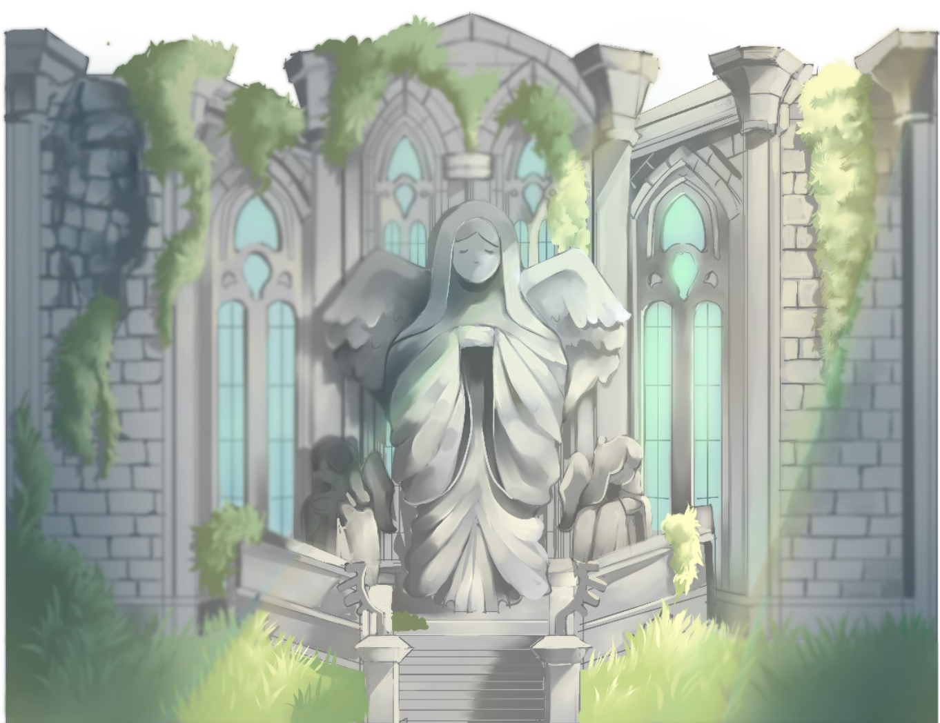 Hay una estatua de un ángel en medio de un edificio en ruinas.