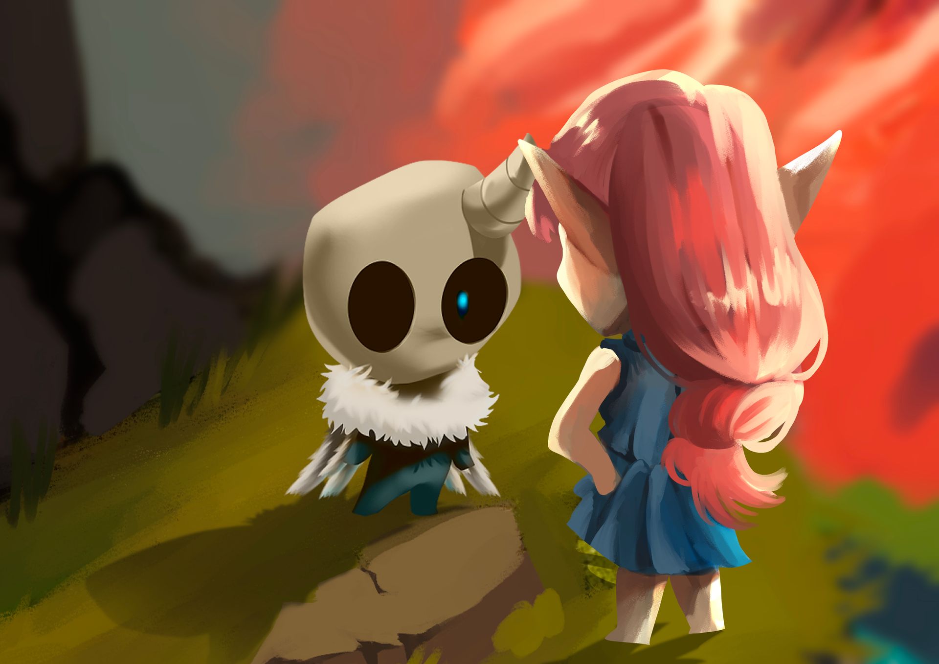 Ilustración de personaje elfo conversando con criatura mágica en paisaje de fantasía.