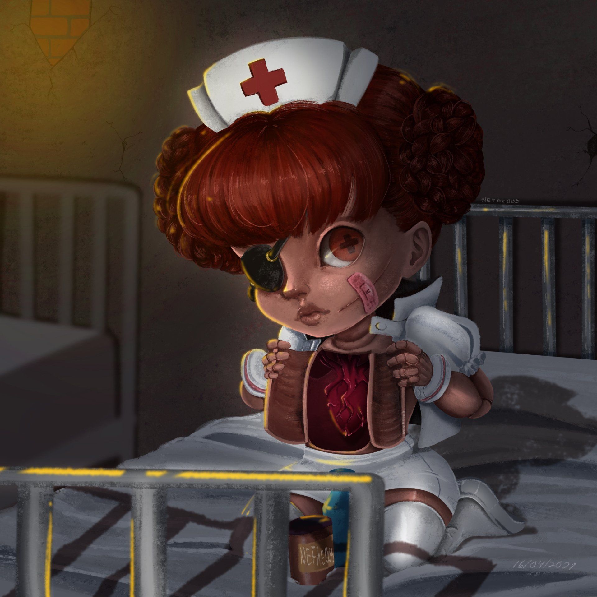 Una niña vestida de enfermera está sentada en una cama de hospital.