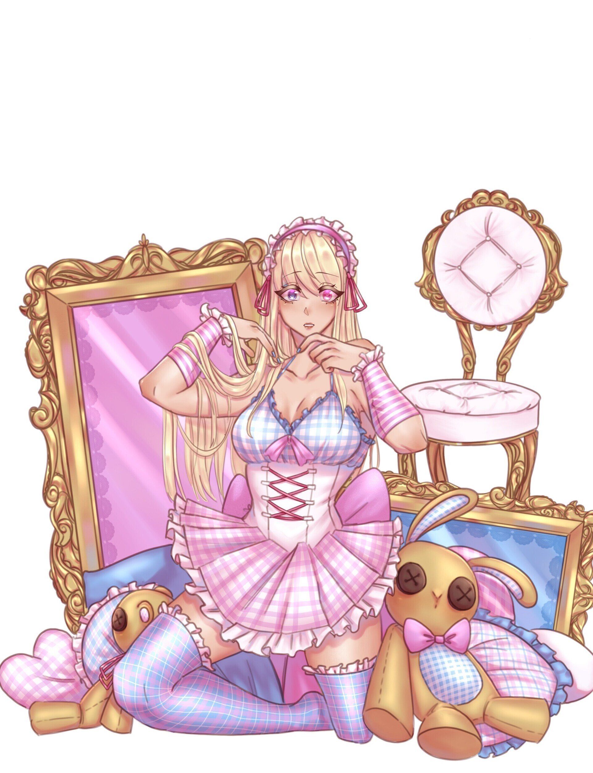 Un pixel art de una niña con un vestido rosa sentada frente a un espejo.