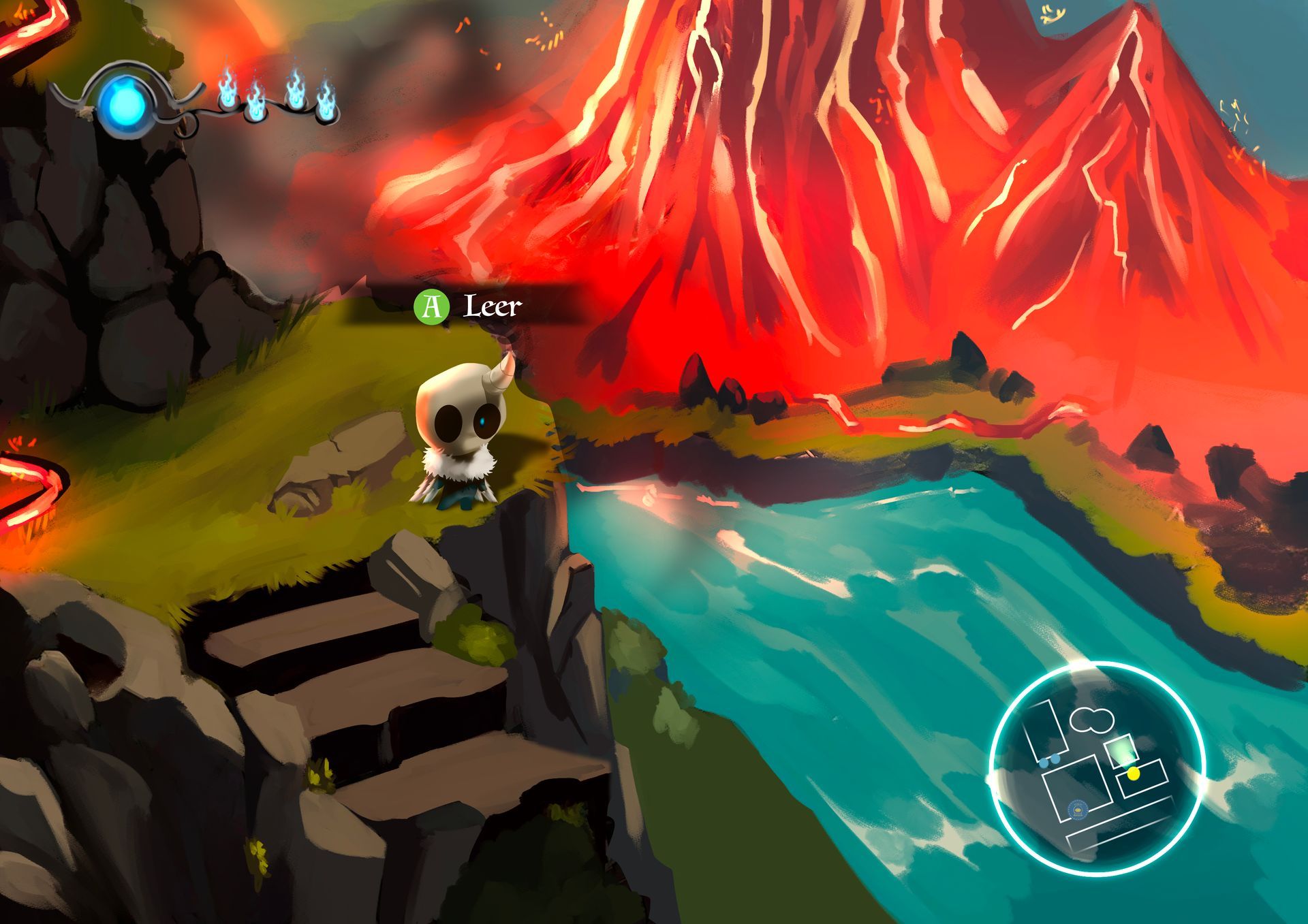 Ilustración escenario de videojuego con volcán activo y lago brillante, personaje interactúa con entorno.