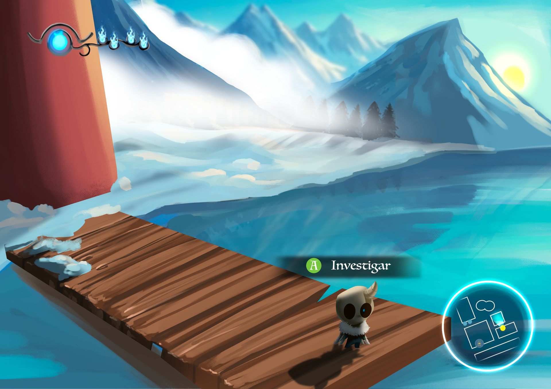 Ilustración escenario de de videojuego en paisaje nevado con muelle y montañas, personaje explora entorno.