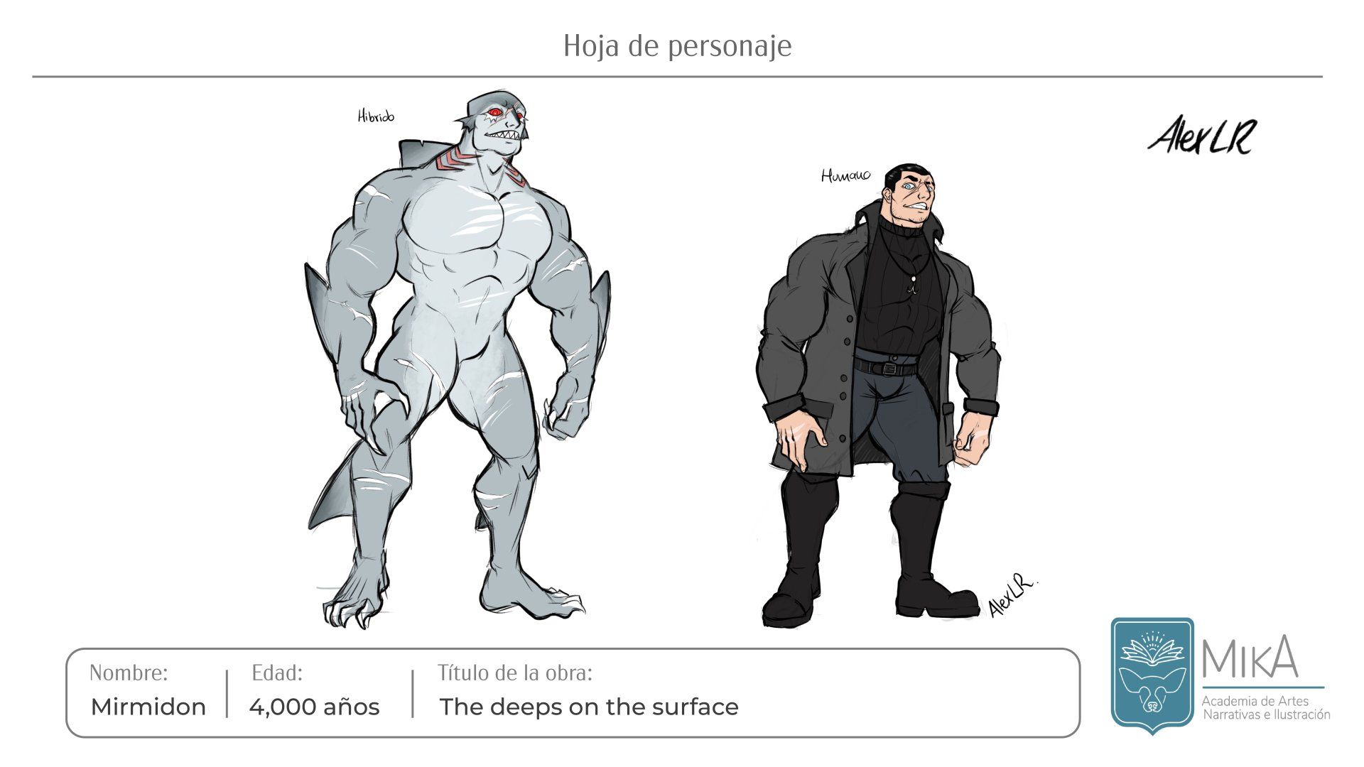 Un dibujo de un tiburón y un hombre parados uno al lado del otro.