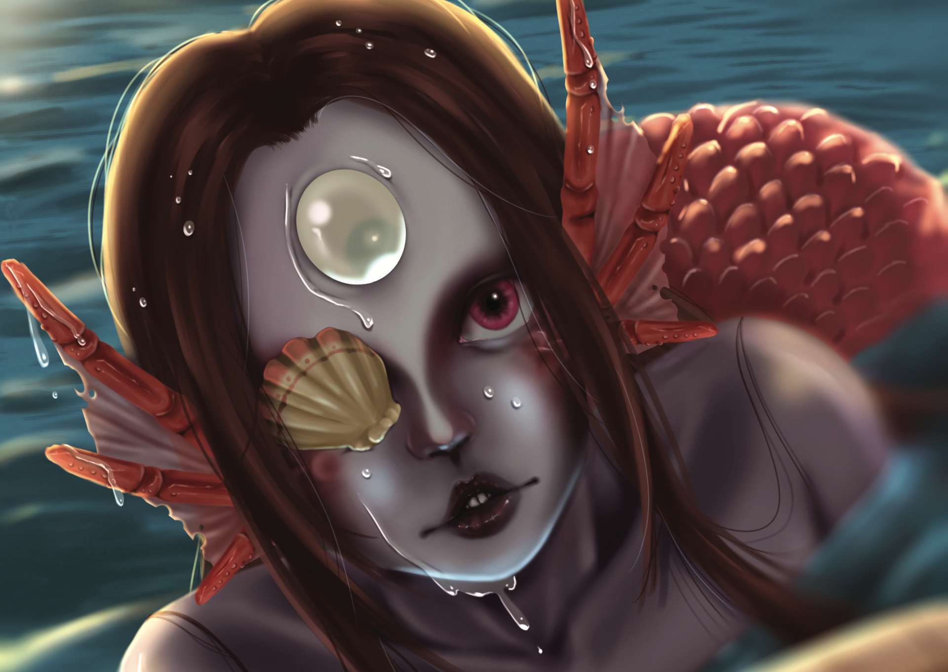 Una pintura de una sirena con una concha en el ojo.