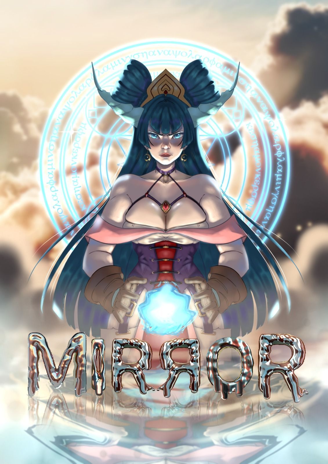 Ilustración digital de hechicera con esfera mágica y símbolos arcanos, estilo fantasía.