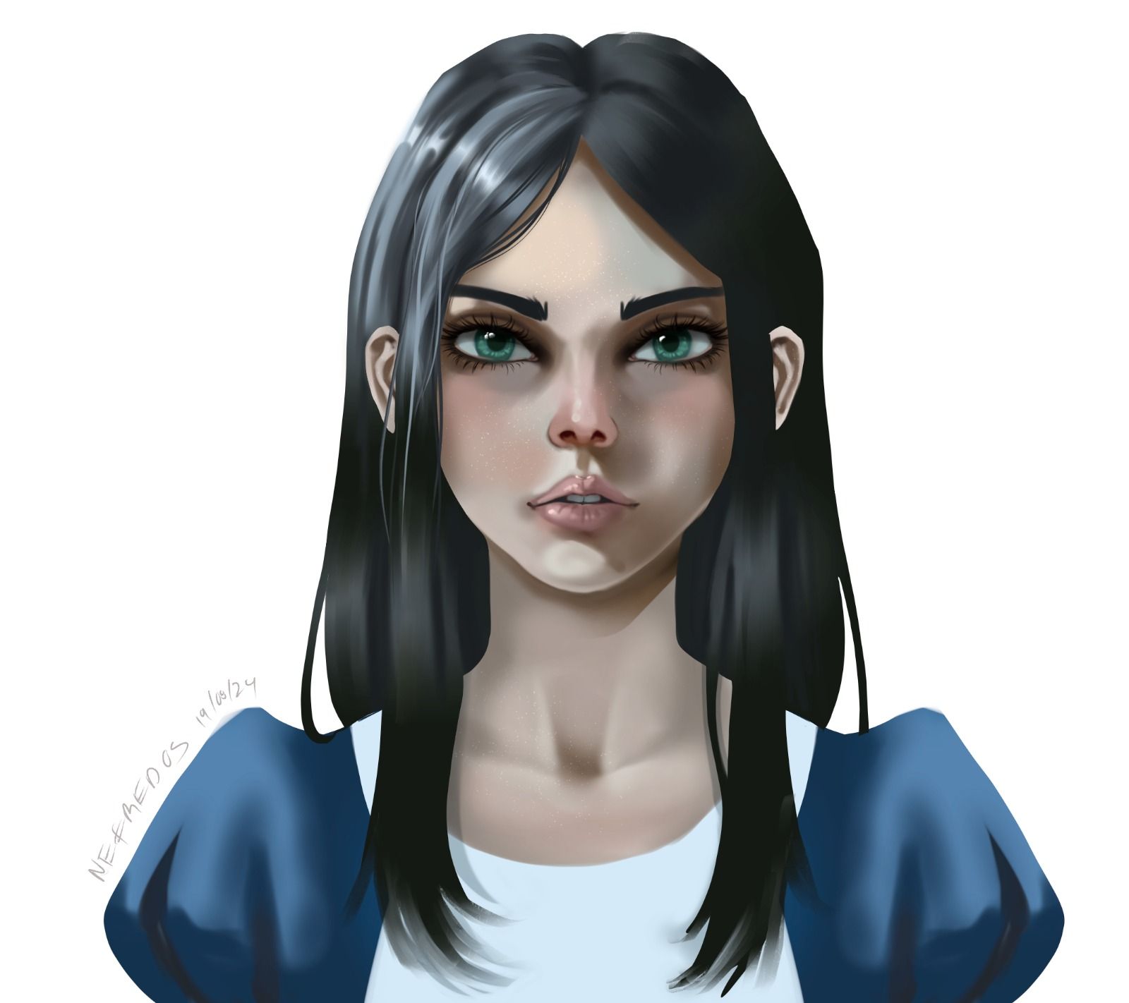 Retrato digital de mujer joven de cabello oscuro, estilo arte realista.