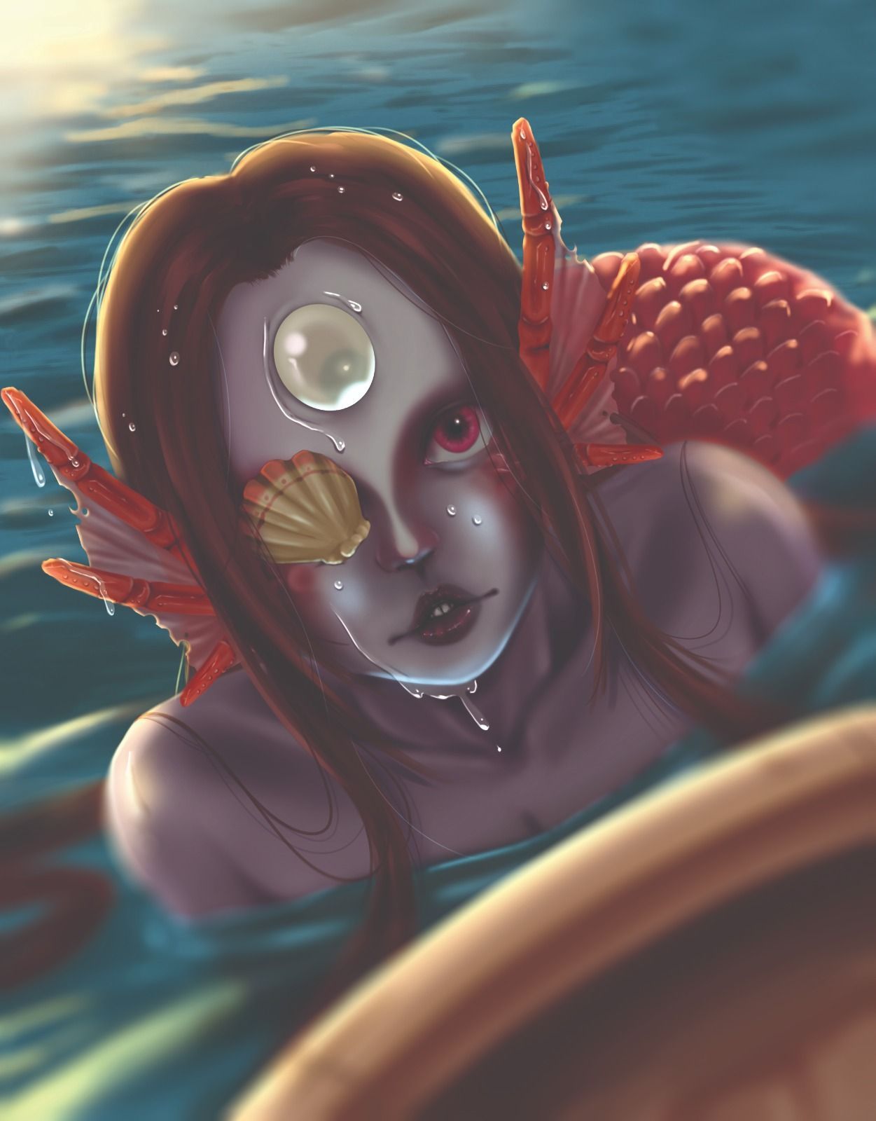 Ilustración de criatura marina humanoide con ojos brillantes y conchas, estilo surrealista.