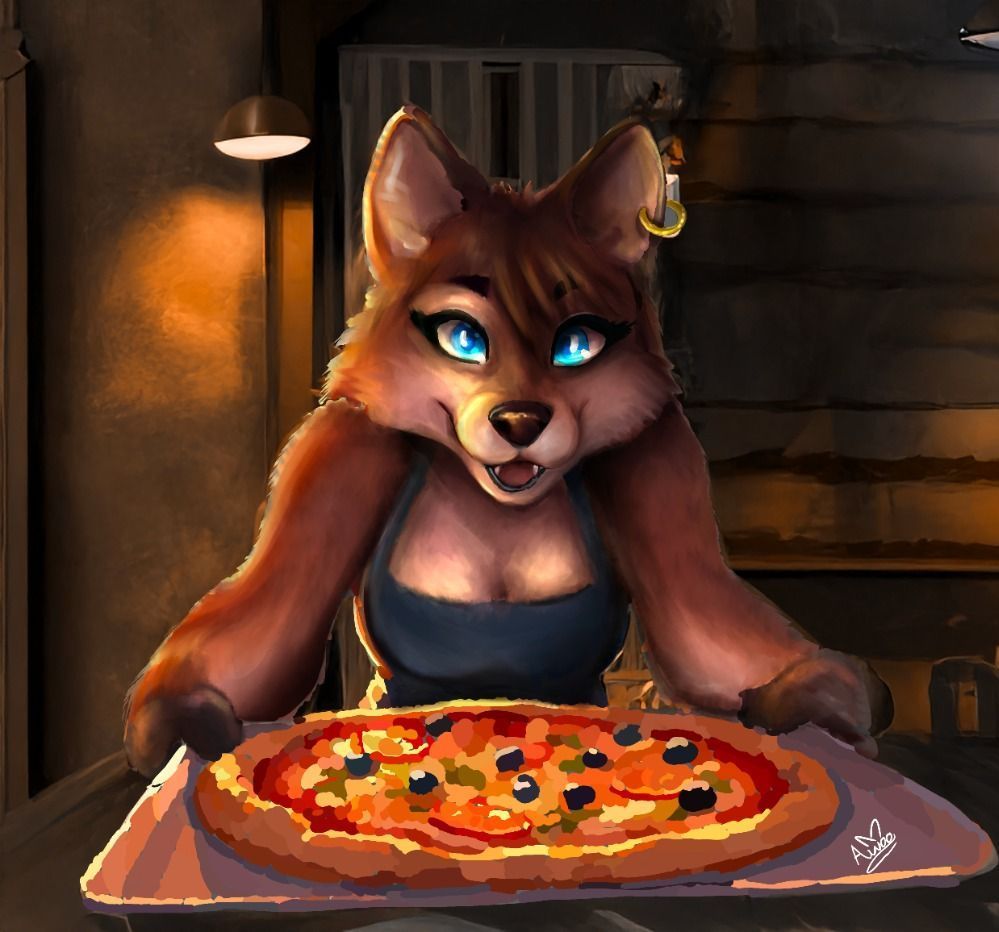 Un personaje de dibujos animados con una cola verde está parado en una habitación.