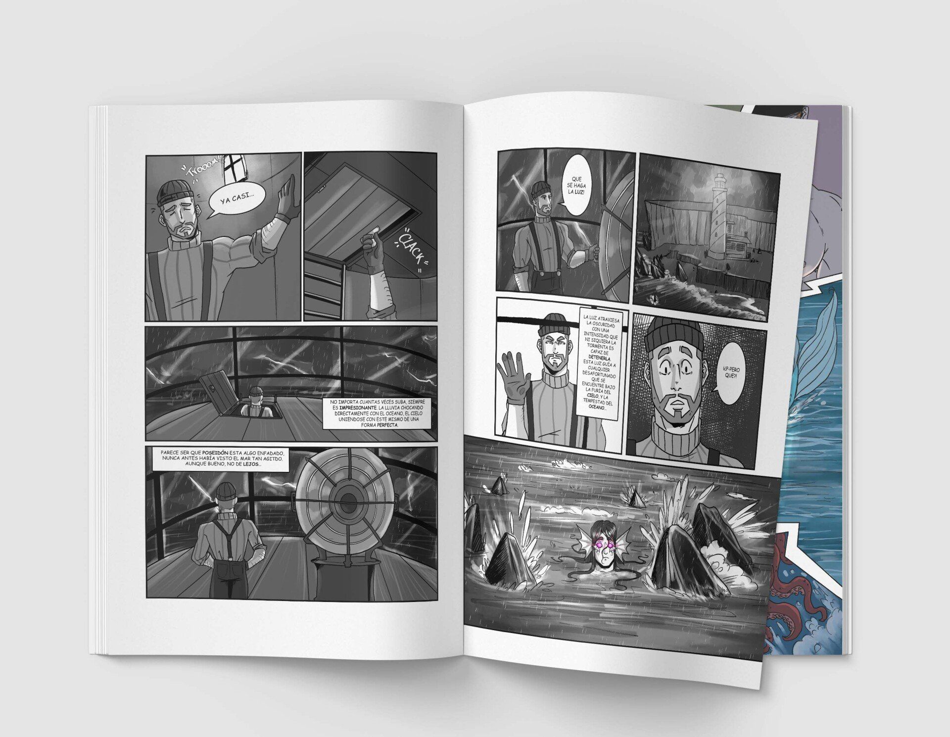 Un cómic está abierto en una página con un hombre de pie en una habitación.