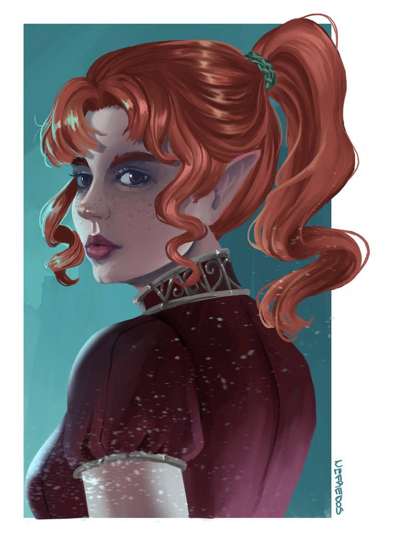 Una pintura de una mujer con cabello rojo y una cola de caballo.