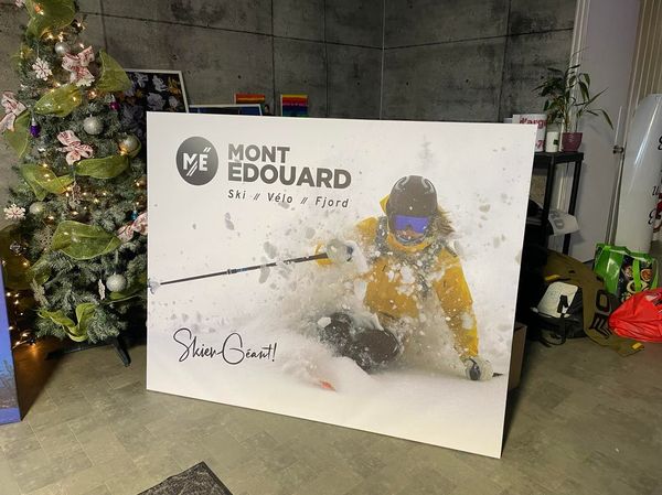 Une peinture représentant une personne skiant devant un sapin de Noël.